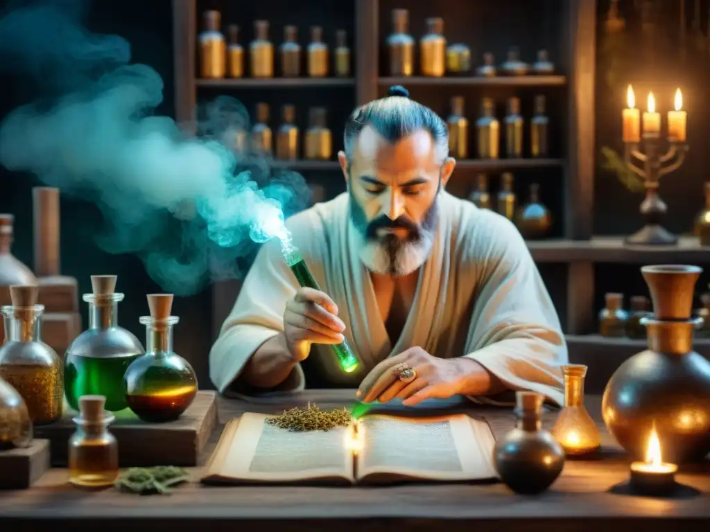 Alquimista antiguo creando elixir en su taller místico Un místico alquimista prepara un elixir en su taller, rodeado de pociones y hierbas
