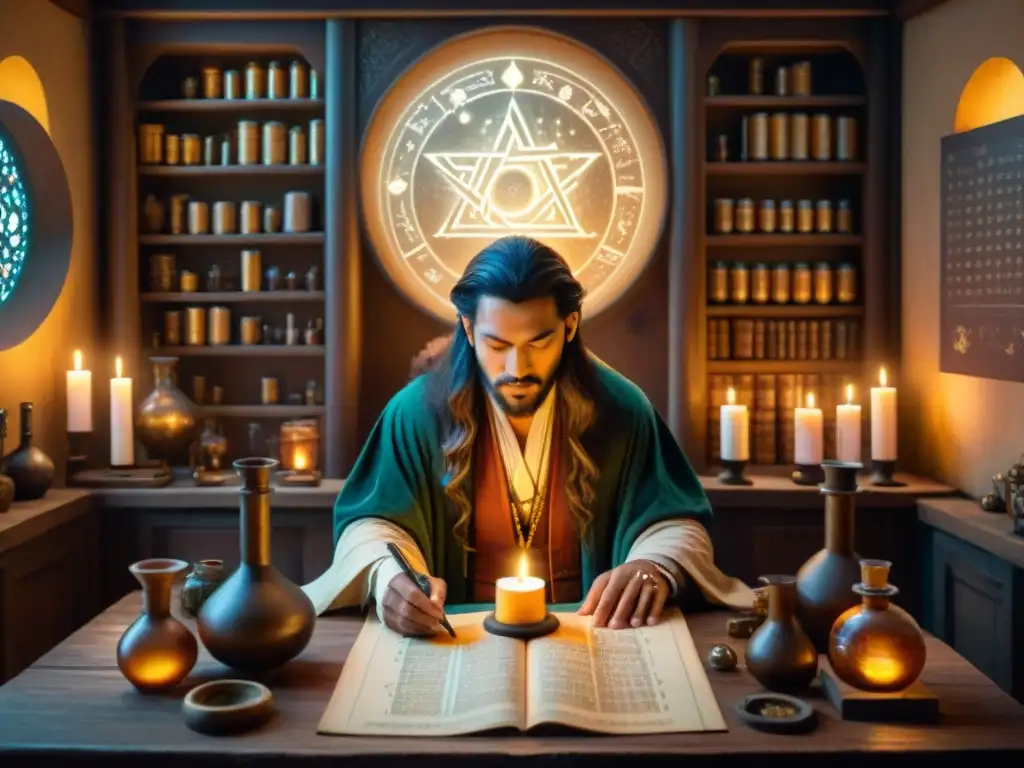 Laboratorio alquímico místico: figura enigmática y sabiduría ancestral En el místico laboratorio de un alquimista, se revela la conexión antigua entre historia, alquimia y astrología