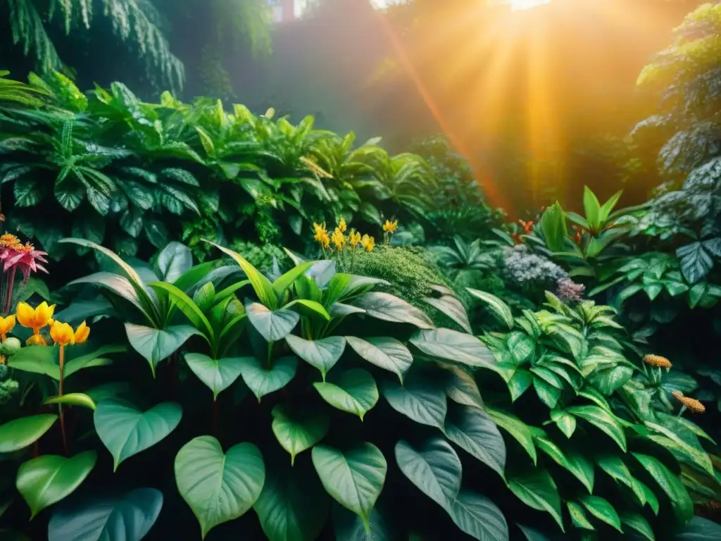 Un jardín místico lleno de plantas exóticas con símbolos alquímicos, creando un ambiente esotérico