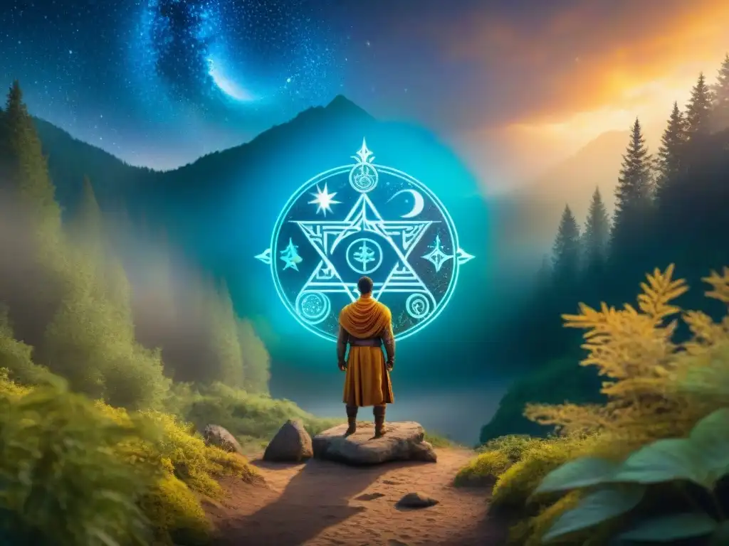 Un místico mapa celeste fusionado en un cuerpo humano, con elementos astrológicos y naturaleza exuberante