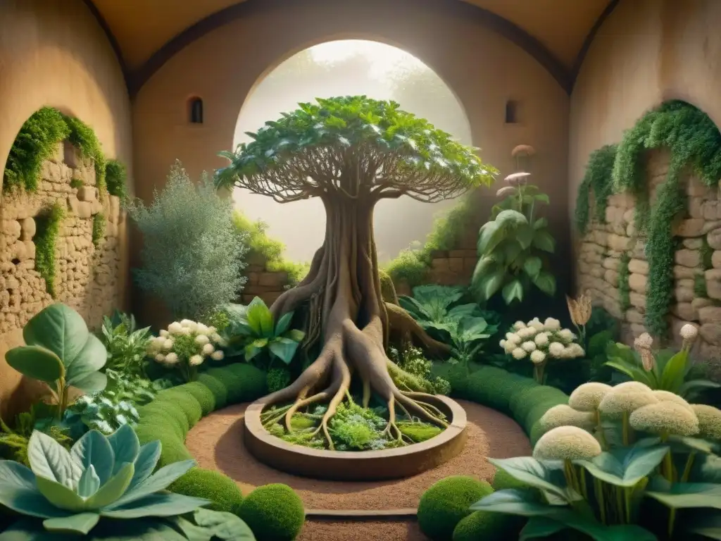 Un jardín místico con plantas alquímicas para transformación espiritual en tonos sepia