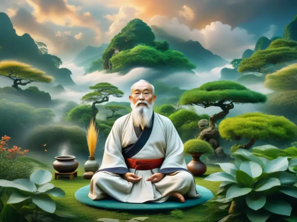 Zhang Guo Lao en meditación en un jardín místico rodeado de herramientas y símbolos alquímicos