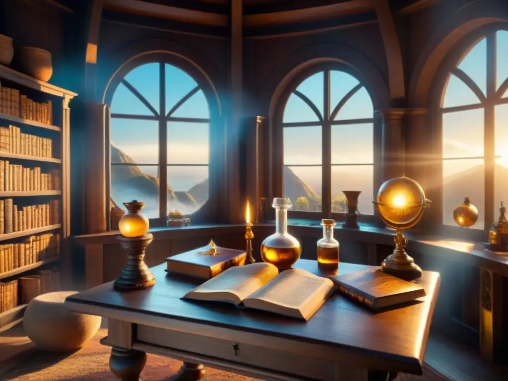 Alquimia mística: taller del alquimista En el místico taller de un alquimista, se mezclan libros antiguos, frascos brillantes y símbolos en una mesa de madera