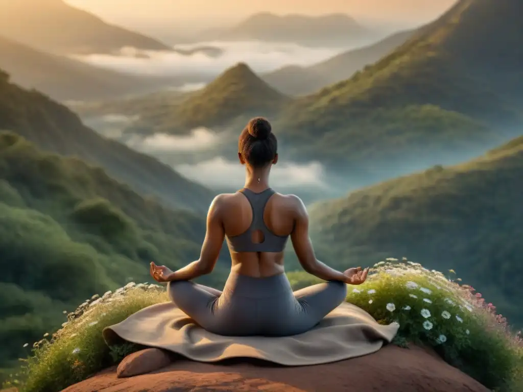 Un momento de alquimia espiritual: practicar yoga al amanecer en la cima de una montaña, rodeado de naturaleza exuberante y flores silvestres en sepia