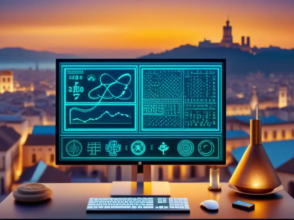 Simulación alquímica en ciudad futurista al anochecer Monitor muestra símbolos alquímicos sobre ciudad futurista al atardecer, fusionando tradición con tecnología