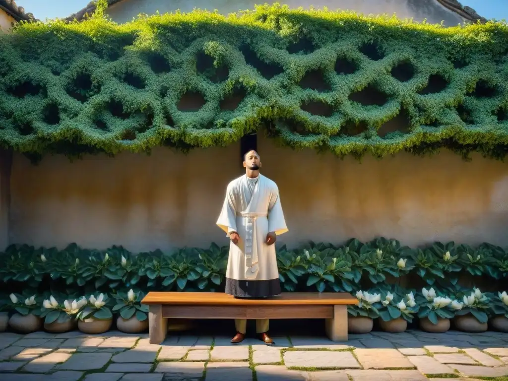 Un monje rezando en un jardín sereno con paredes de piedra cubiertas de hiedra y un banco bajo un árbol de magnolia en flor