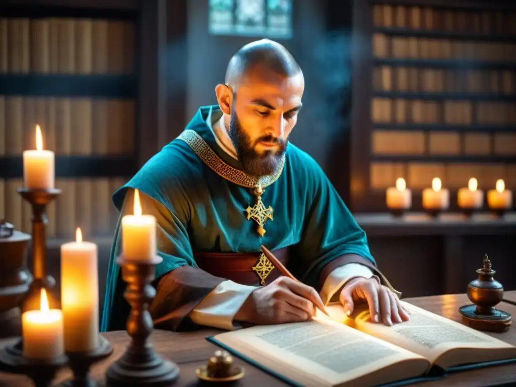 Un monje medieval transcribiendo sabiduría alquímica en un scriptorium iluminado por velas