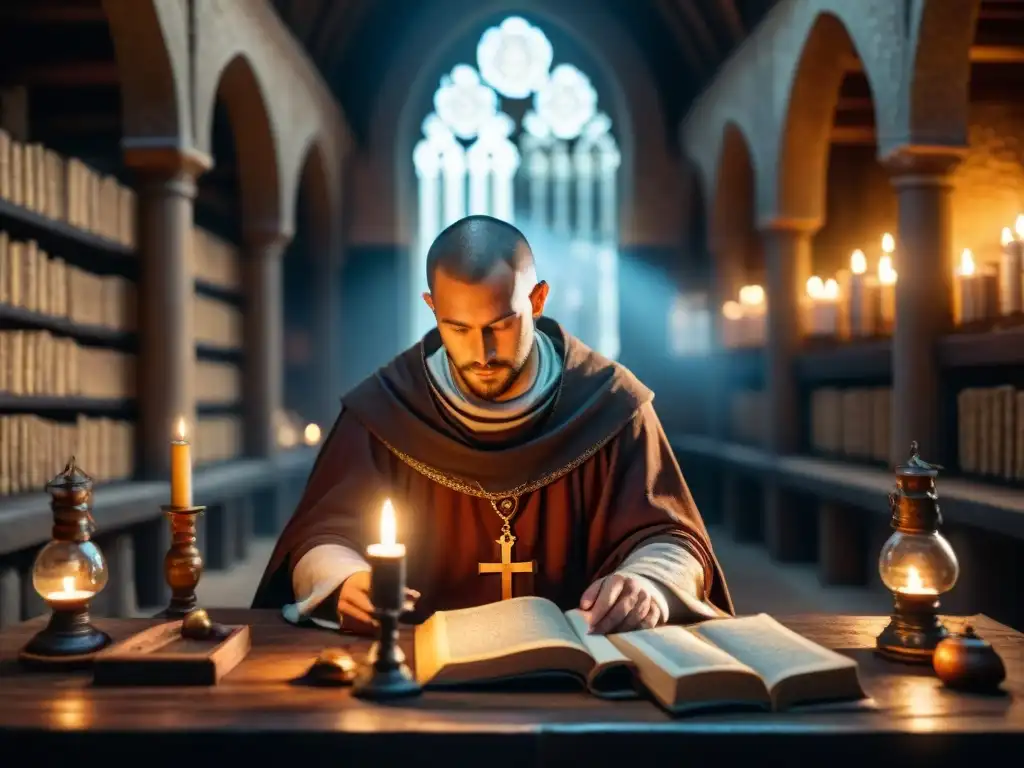 Un monje medieval estudia un diagrama alquímico en una cámara monástica, rodeado de manuscritos antiguos y luz de velas