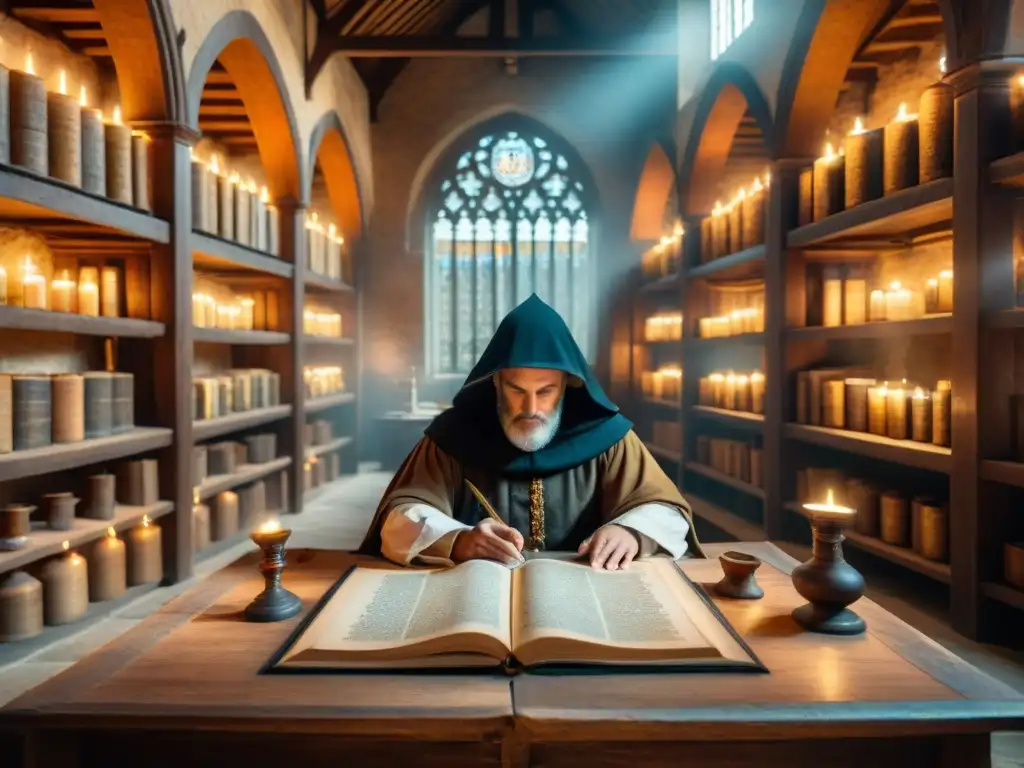 Un monje medieval transcribe símbolos en un scriptorium iluminado por la luz, rodeado de libros antiguos y frascos misteriosos