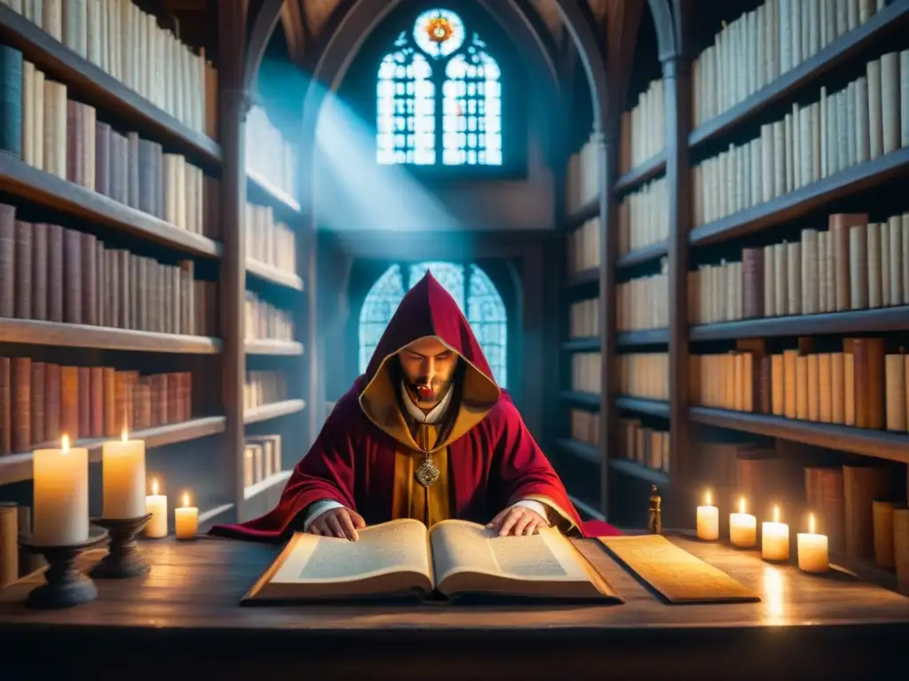 Monjes medievales copian antiguos textos en un scriptorium iluminado por velas