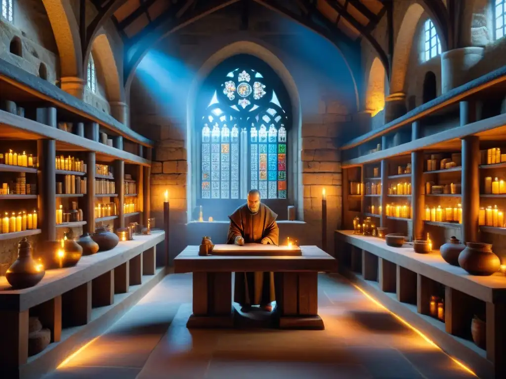 Monjes trabajando en un monasterio medieval lleno de herramientas alquímicas