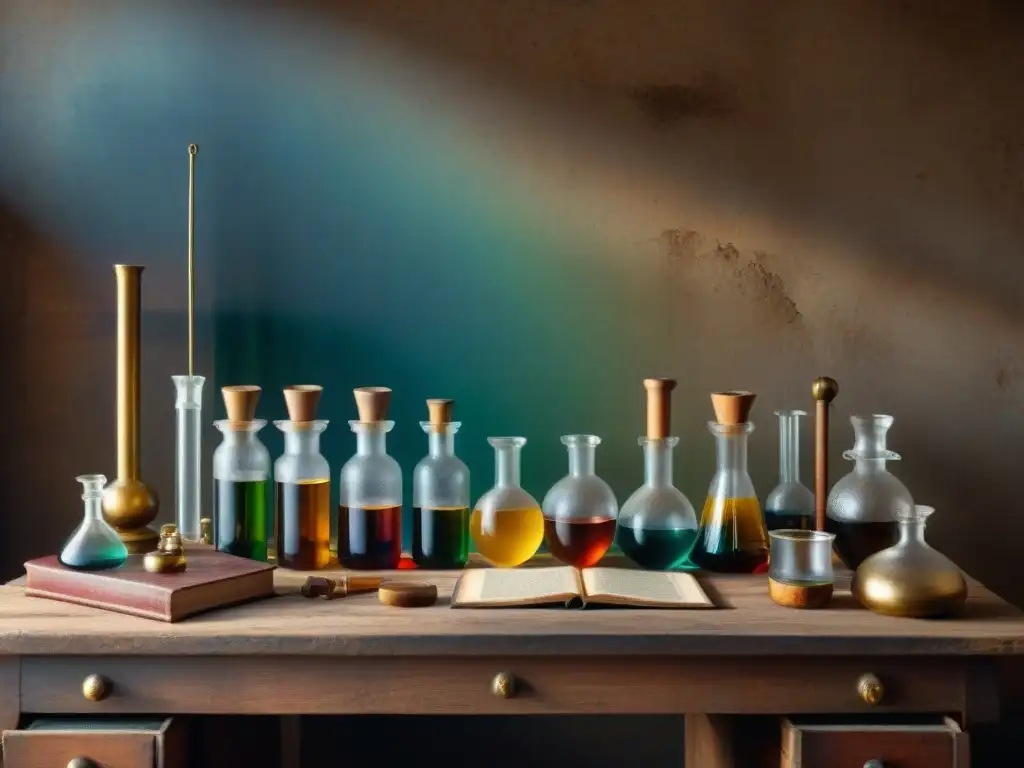 Alquimia ancestral: laboratorio mágico con instrumentos y libros antiguos Montaje de laboratorio alquímico seguro con instrumentos antiguos, libros y líquidos coloridos en una mesa de madera rústica