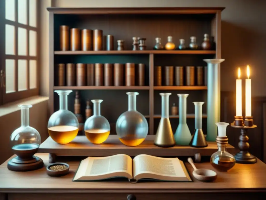 Antiguo laboratorio alquímico en madera: detalle en sepia Montaje seguro de laboratorio alquímico vintage en tonos sepia con vidriería detallada y luz de velas