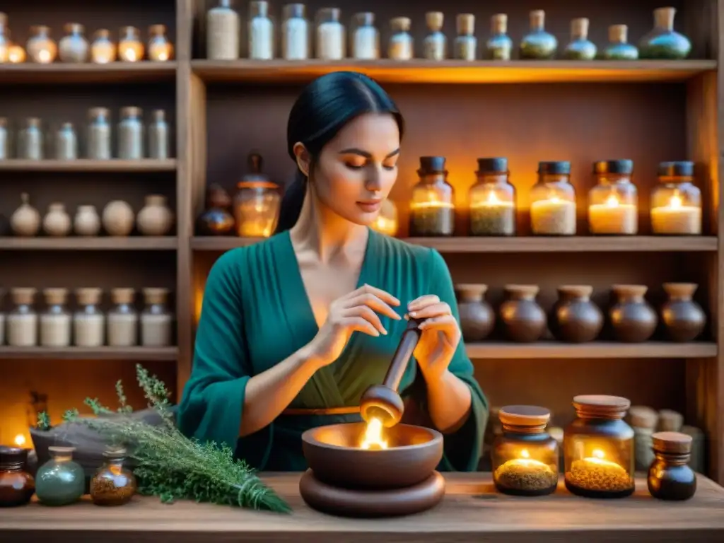 Una mujer prepara un ritual de belleza con alquimia en un ambiente místico y lleno de sabiduría ancestral