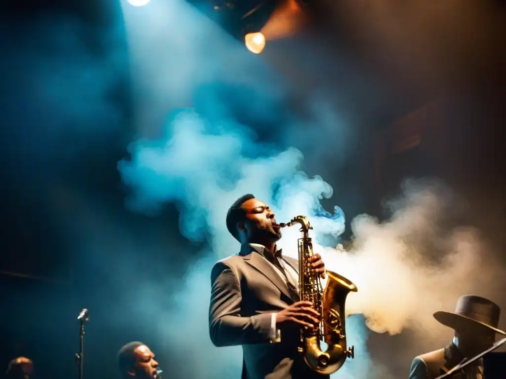 Un músico de jazz tocando el saxofón con pasión en un escenario tenue, rodeado de humo místico, creando una atmósfera surreal y encantadora