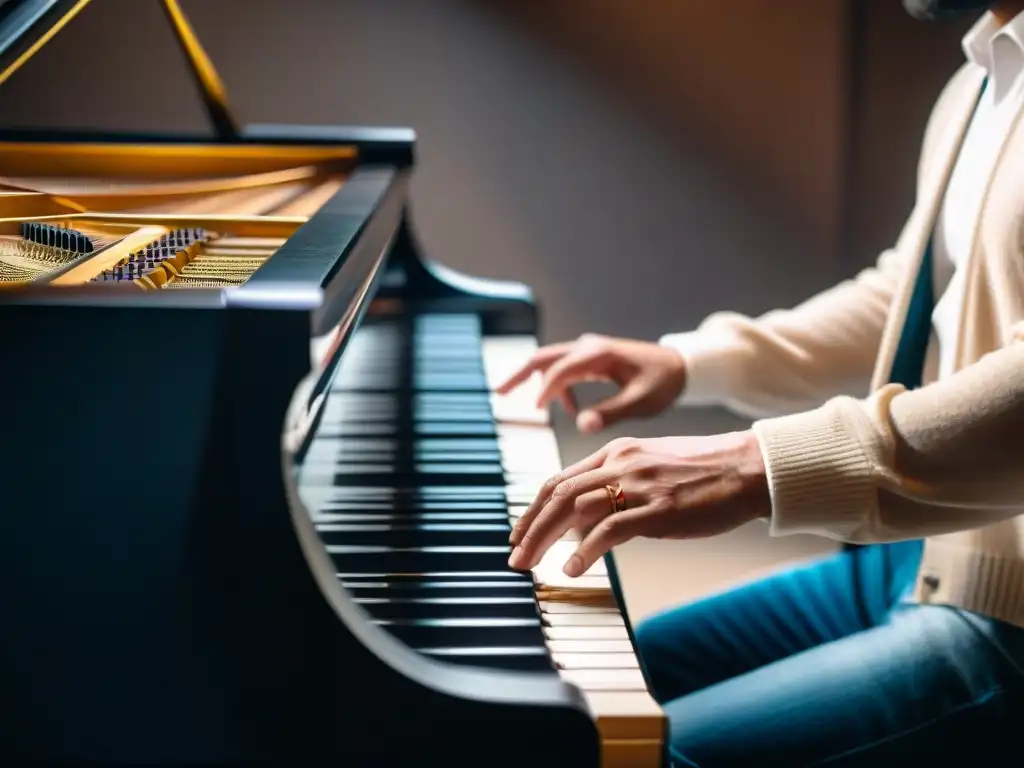 Un músico talentoso tocando un piano de cola en una habitación tenue, con detalles iluminados y manos moviéndose graciosamente