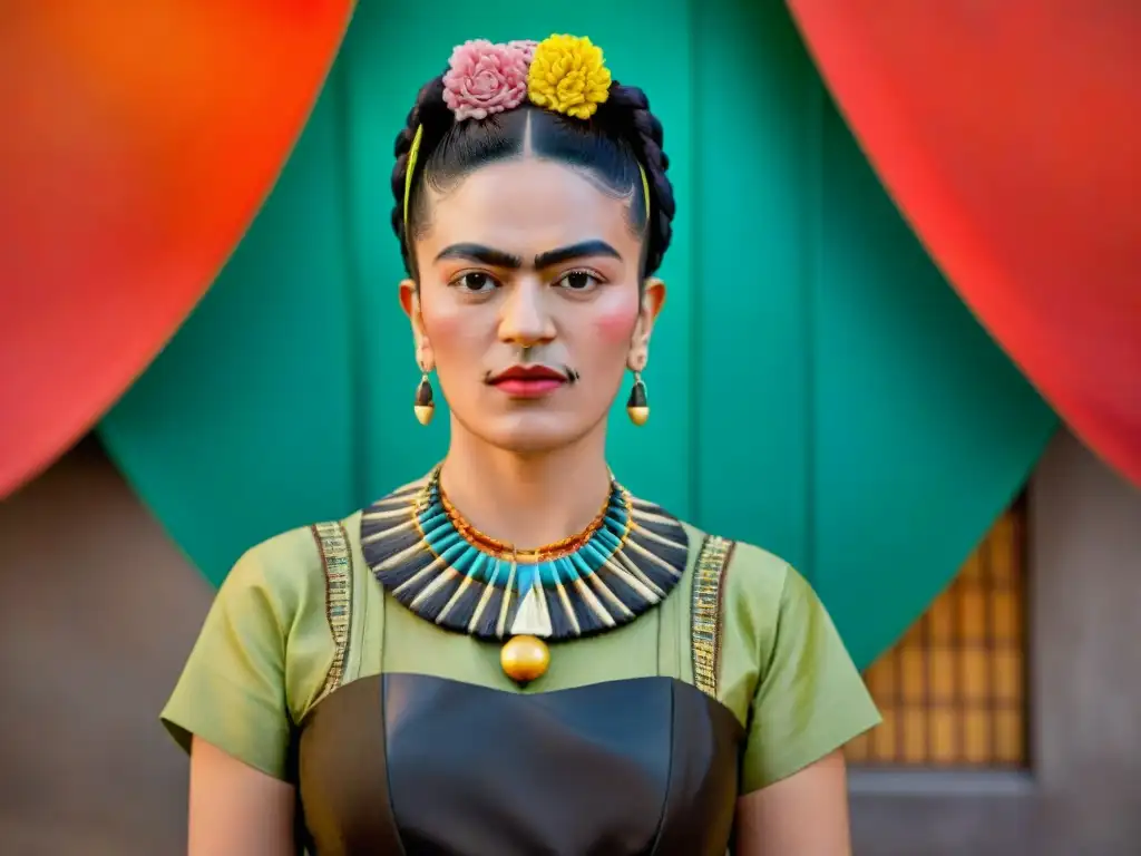 Una obra ultra detallada en sepia del icónico autorretrato de Frida Kahlo, con simbología alquímica en arte moderno