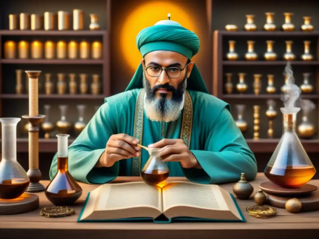 Jabir Ibn Hayyan, 'Padre de la Química' en un laboratorio alquímico histórico