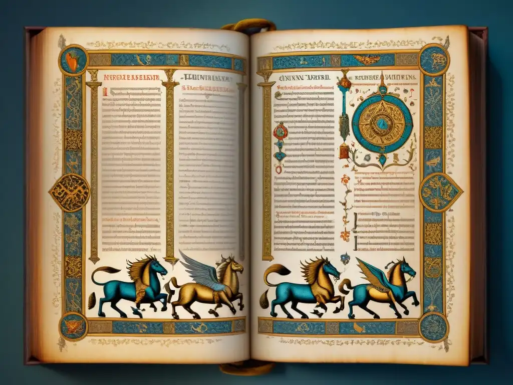 Una página de bestiario medieval con criaturas míticas y símbolos alquímicos, destacando la artesanía detallada