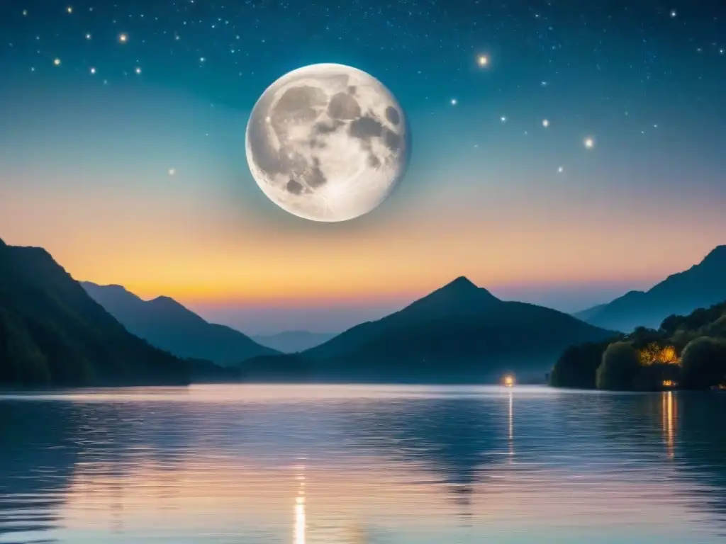 Un paisaje mágico: la luna brillante sobre un lago sereno, reflejando su belleza