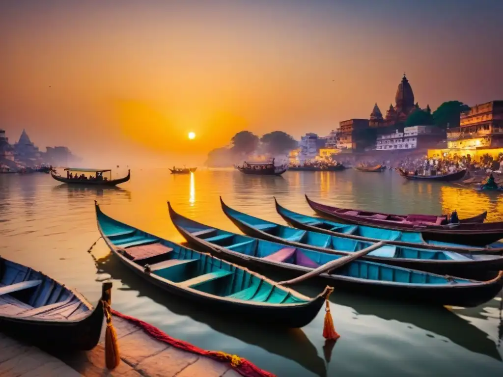 Paisaje místico al atardecer sobre el río Ganges en Varanasi, India, con templos antiguos y barcas