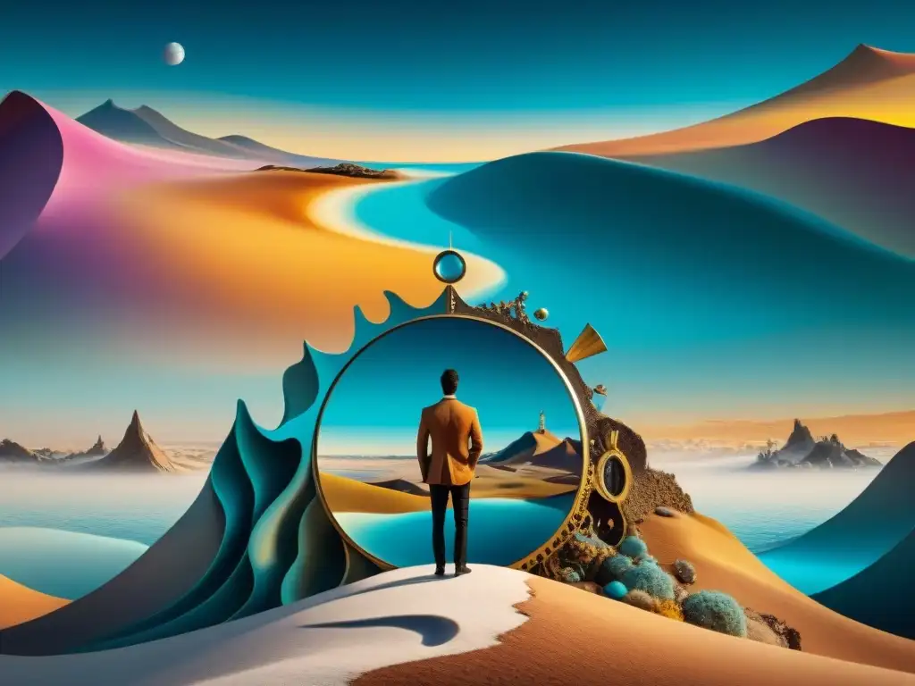 Un paisaje surrealista al estilo de Salvador Dalí con relojes derretidos y figuras distorsionadas, envuelto en misterio y símbolos alquímicos