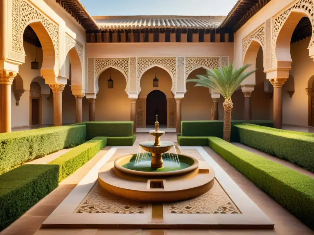 Un patio de la mística Alhambra en tonos dorados con patrones árabes, fuente serena y árboles frutales