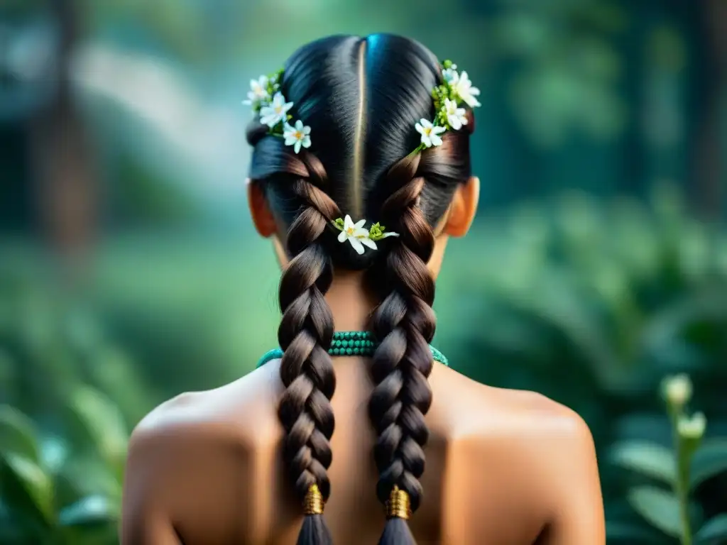 Peinado intrincado con trenzas, cuentas brillantes y flores delicadas