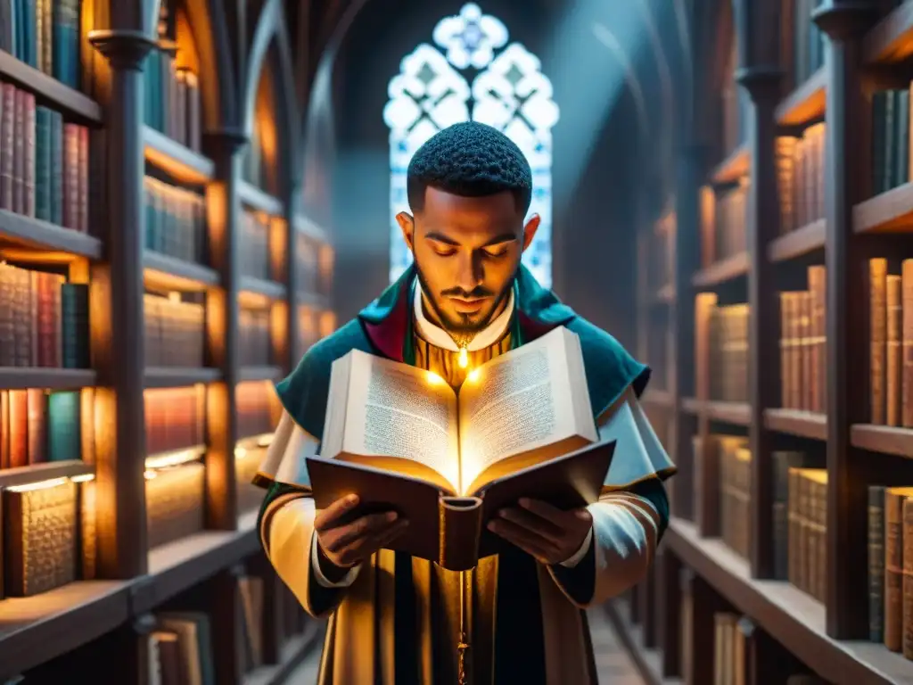 En la penumbra de la biblioteca de un monasterio medieval, un misterioso personaje alcanza un manuscrito alquímico prohibido