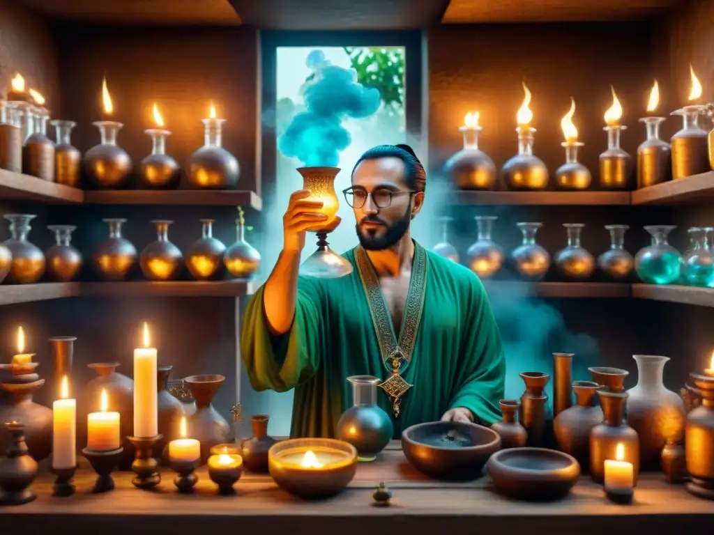 En la penumbra de un laboratorio alquímico antiguo, un misterioso ritual fusiona la Kabbalah con la alquimia