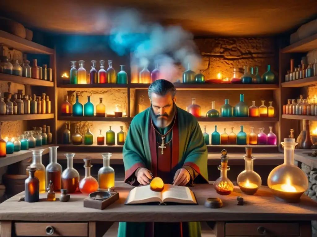 Misterioso laboratorio de alquimia con alquimista concentrado En la penumbra de un laboratorio alquímico antiguo, el alquimista moderno se sumerge en sus misterios