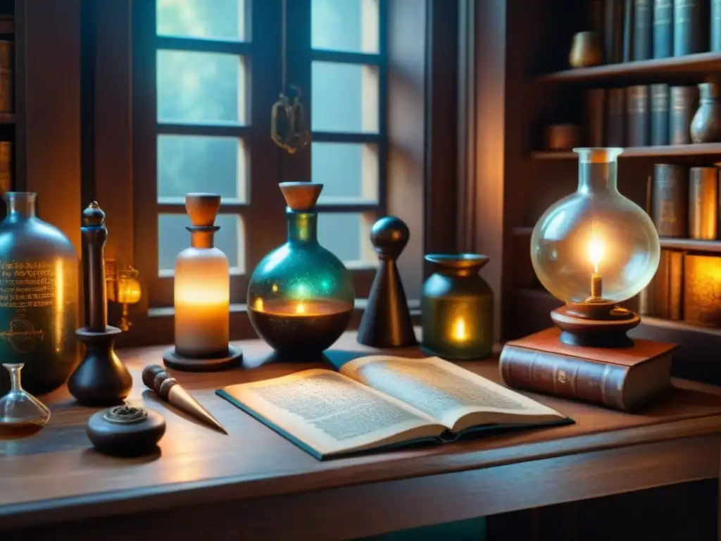 En la penumbra, un laboratorio alquímico casero emerge con utensilios y un libro mágico abierto