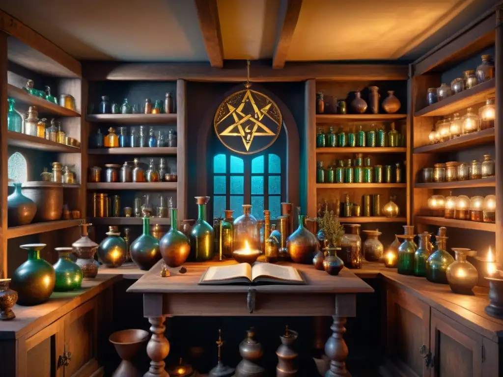 En la penumbra de un laboratorio alquímico medieval, se aprecian ingredientes místicos y antiguos libros