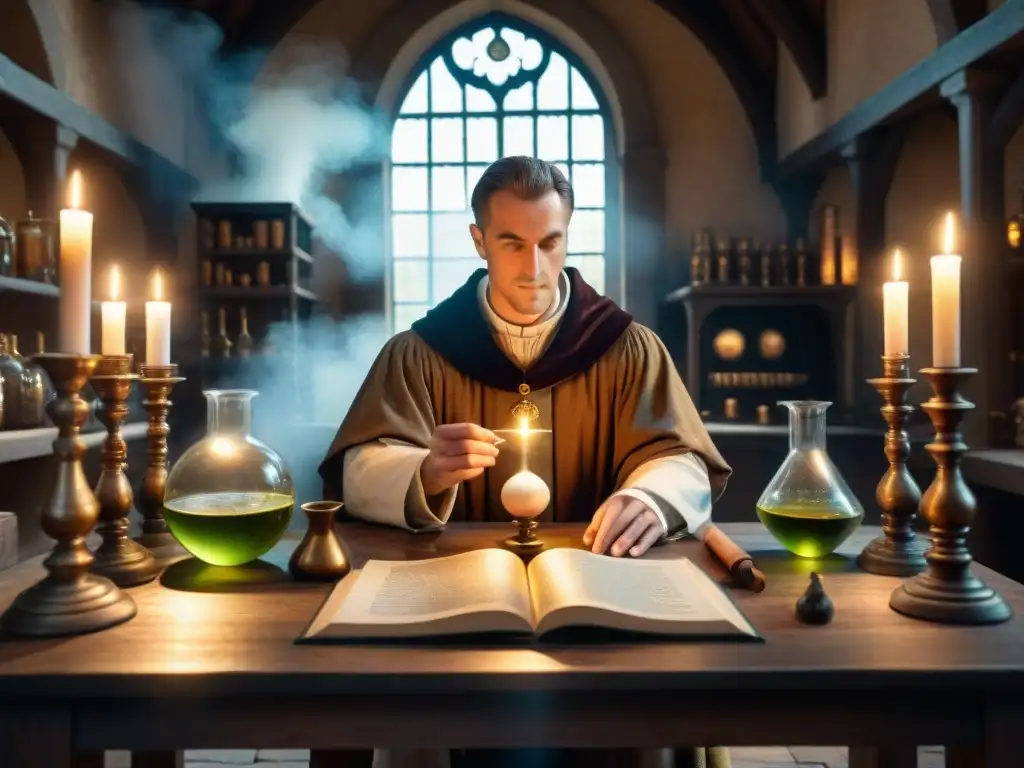 En la penumbra de un laboratorio alquímico medieval, Roger Bacon estudia su reflejo en un espejo de latón, rodeado de símbolos y manuscritos antiguos