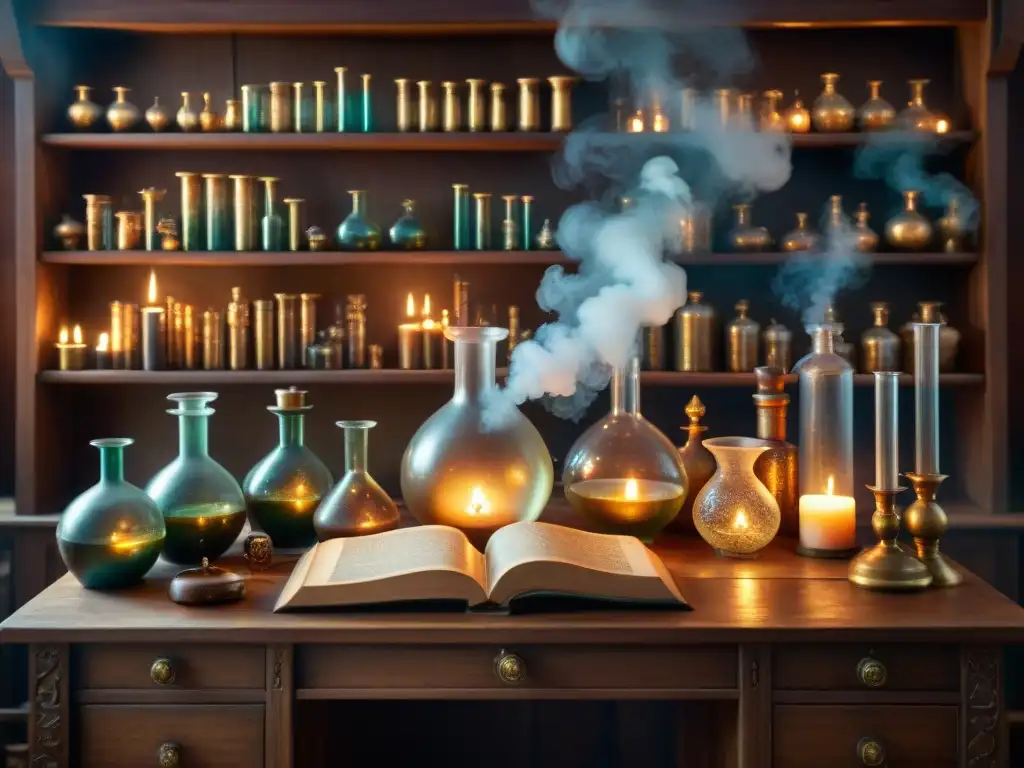 En la penumbra, un laboratorio alquímico medieval rebosante de misteriosas pociones y antiguos libros