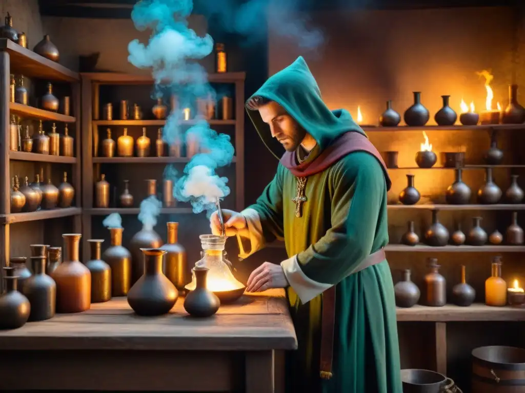 En la penumbra de un laboratorio alquímico medieval, un misterioso alquimista trabaja con ingredientes y libros antiguos