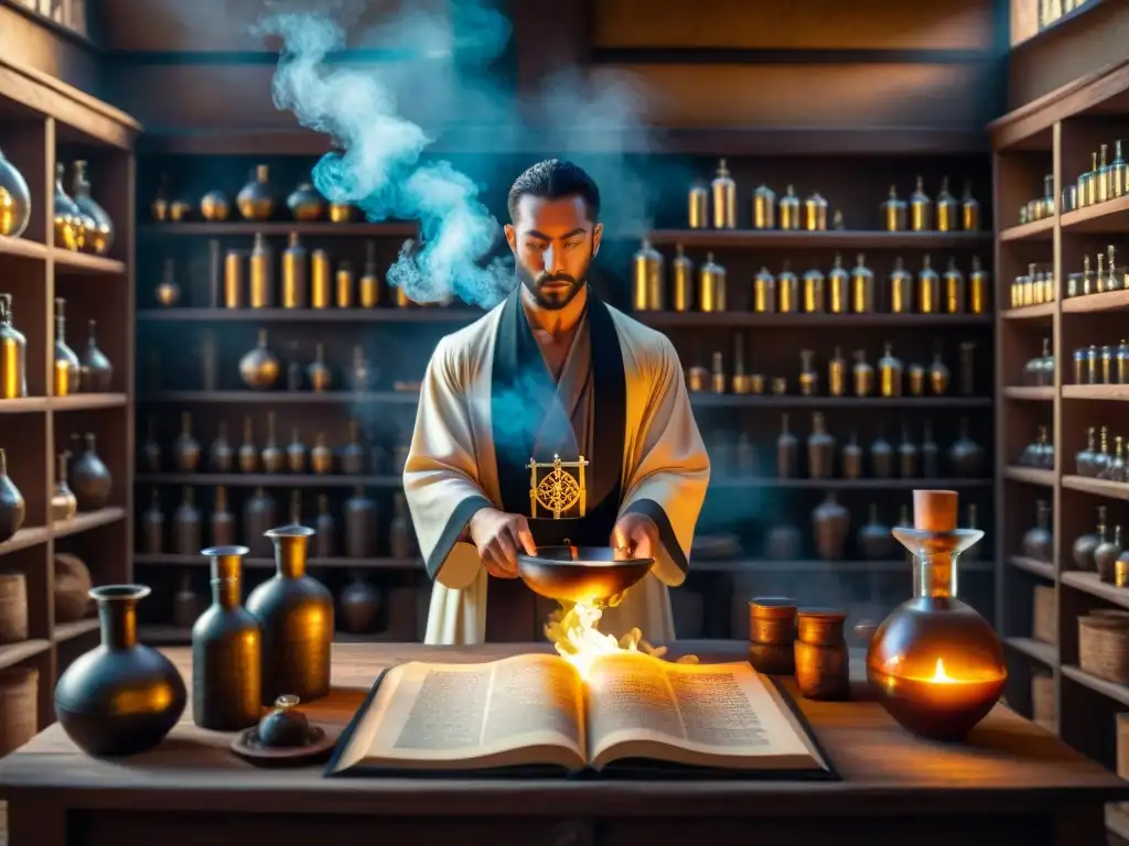 Alquimia ancestral: laboratorio misterioso en sepia En la penumbra de un laboratorio alquímico, un misterioso ritual se compara con antiguos rituales de magia ceremonial