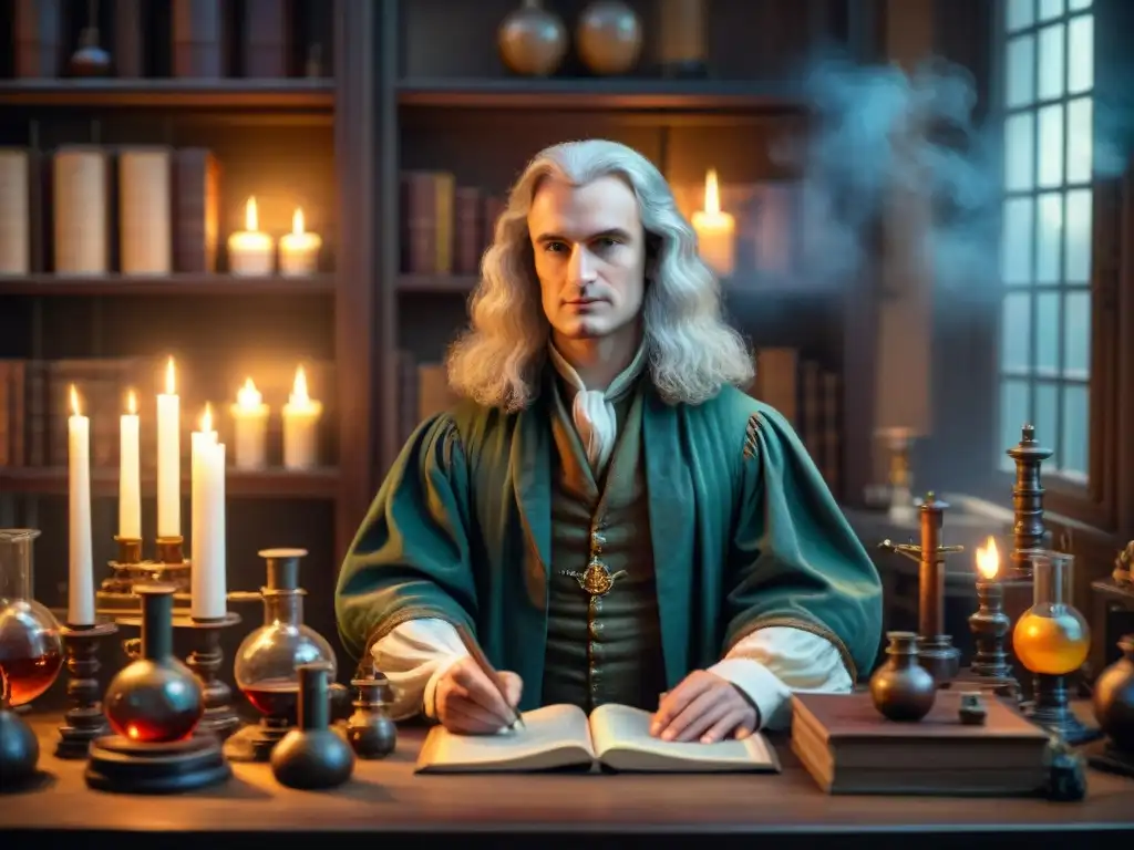 En la penumbra, Sir Isaac Newton experimenta en su laboratorio lleno de objetos alquímicos