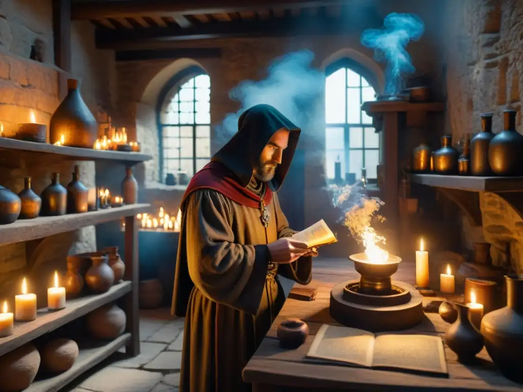 En la penumbra de un laboratorio medieval de alquimia en la Europa Medieval, un misterioso alquimista trabaja junto a antiguos manuscritos y pociones burbujeantes