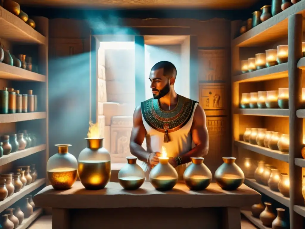 Alquimia egipcia ancestral: misterios en sepia En la penumbra de una misteriosa cámara egipcia, un alquimista ancestral mezcla elixires