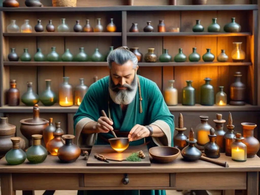 En la penumbra de un taller medieval de alquimia botánica en medicina, un alquimista barbado mezcla hierbas en mortero