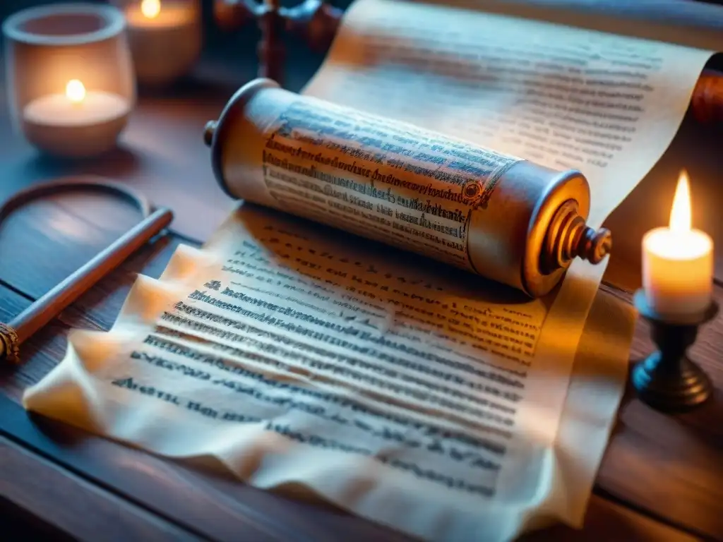 Pergamino antiguo iluminado por velas en alta definición 8k Un pergamino antiguo con las 7 leyes herméticas alquimia, iluminado por velas en una mesa de madera