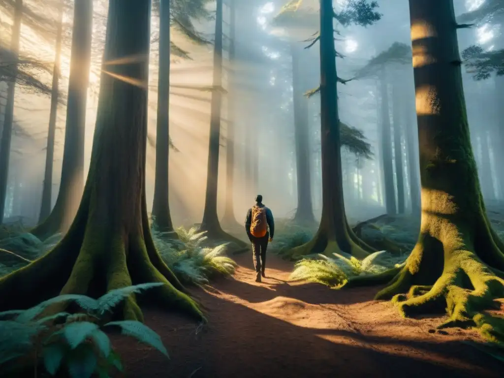 Persona caminando en un bosque oscuro, iluminada por una cálida luz interna