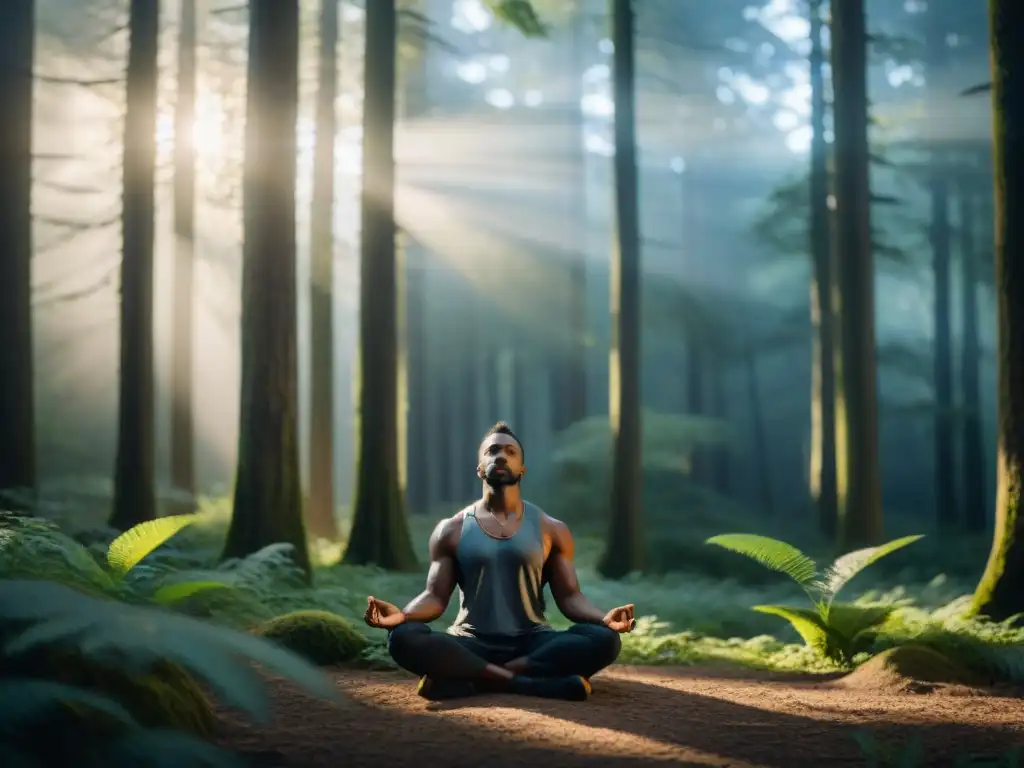 Persona meditando en un bosque tranquilo, rodeada de árboles altos con luz solar filtrándose