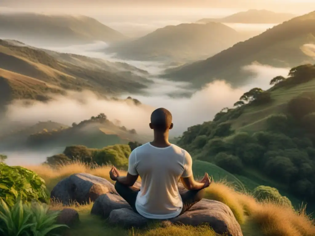 Persona meditando en la cima de la montaña al amanecer, rodeada de naturaleza exuberante, en un ambiente de tranquilidad y transformación