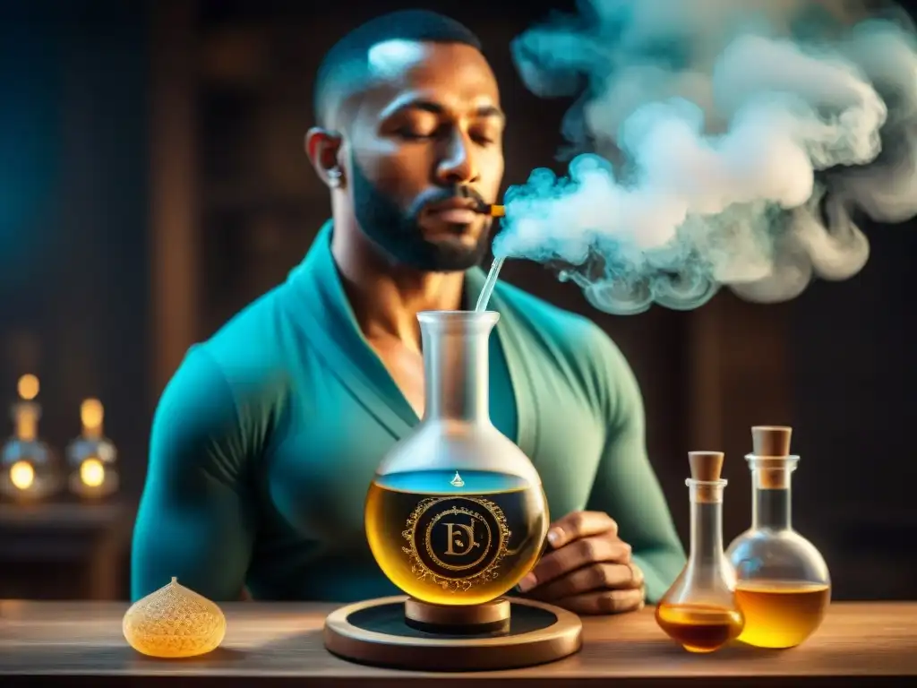 Persona concentrada en destilación personal mediante la alquimia, rodeada de símbolos alquímicos y aparatos místicos