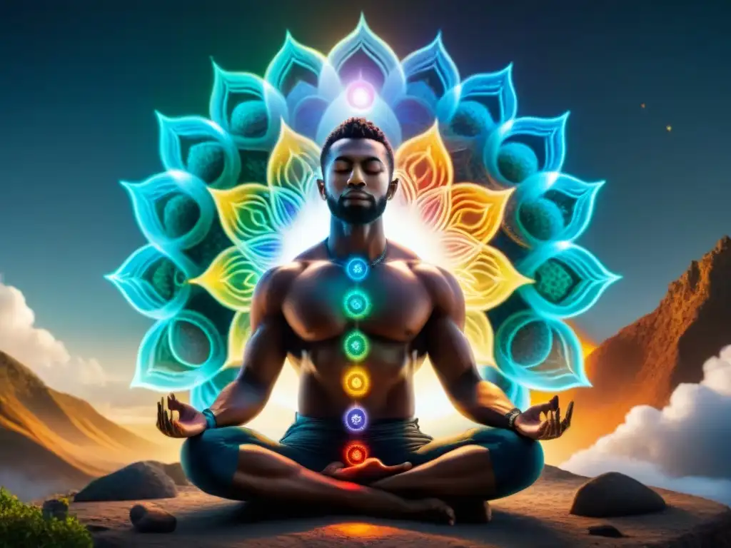 Persona meditando con energía vibrante y chakras resaltados con símbolos alquímicos, representando la importancia de los chakras en alquimia