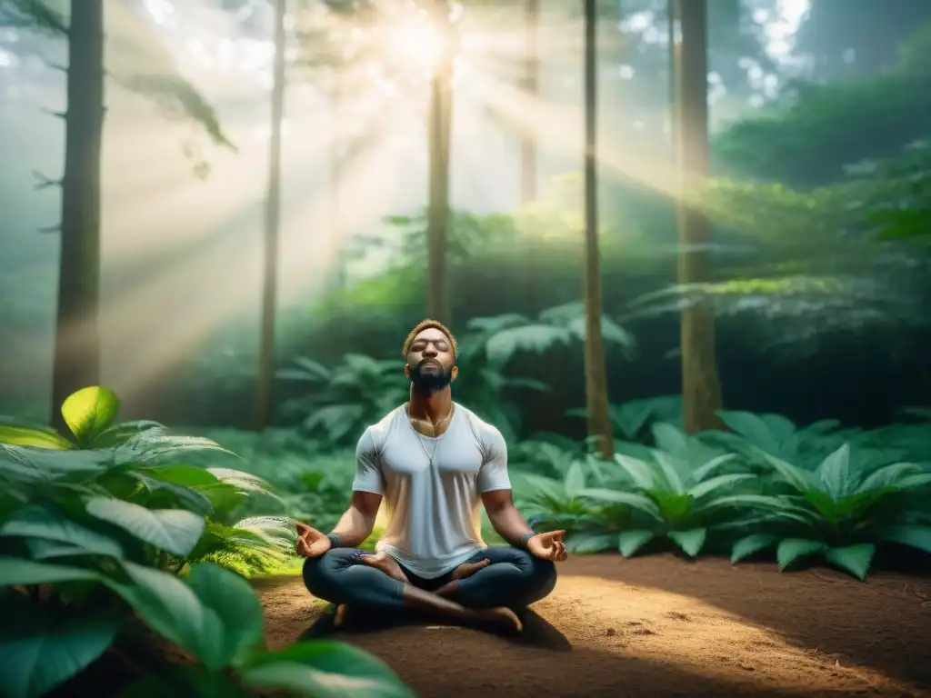 Persona meditando en bosque, envuelta en paz y serenidad