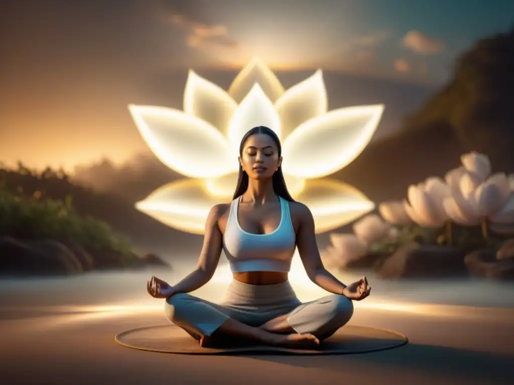 Persona meditando en escenario místico con energía Kundalini y aura brillante