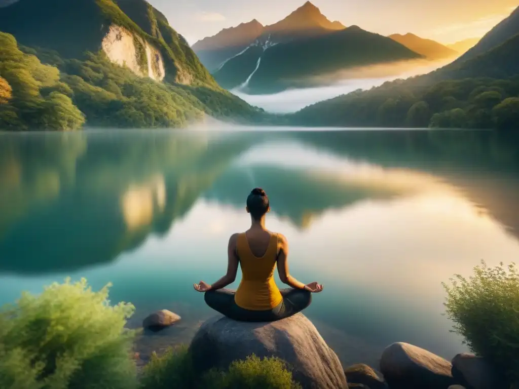 Persona meditando en un lago al atardecer, rodeada de naturaleza, en un retiro espiritual de alquimia interior